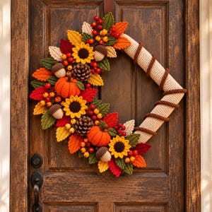Häkelanleitung für einen Herbstkranz (PDF), Häkelanleitung für Kürbis, Sonnenblume, Tannenzapfen und Ahornblatt, Häkelanleitung für Wandbehang, Türkranz für die Erntezeit