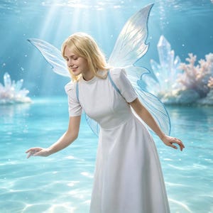 May include: A white short-sleeved dress with a high neckline and light blue straps, paired with large, iridescent, translucent wings that feature a delicate blue vein pattern, worn by a person with blonde hair in a bright, aquatic setting.