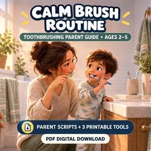 May include: A digital download guide titled CALM BRUSH ROUTINE TOOTHBRUSHING PARENT GUIDE AGES 2-5. The image features an illustration of an adult and a child brushing their teeth together. It includes PARENT SCRIPTS + 3 PRINTABLE TOOLS text.
