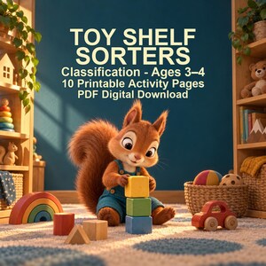 Può includere: Un download digitale intitolato TOY SHELF SORTERS Classification - Ages 3-4 10 Printable Activity Pages PDF Digital Download che mostra uno scoiattolo con salopette blu che impila blocchi di legno gialli, verdi e blu su un tappeto.