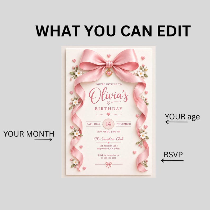 Pink Grad Invite Template Pink Birthday Invitation, 3D Bow Party Invite, Cute Girly Birthday ...
