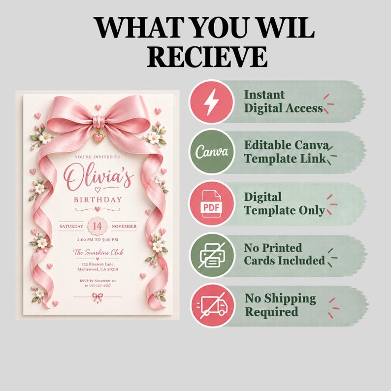 Pink Grad Invite Template Pink Birthday Invitation, 3D Bow Party Invite, Cute Girly Birthday ...