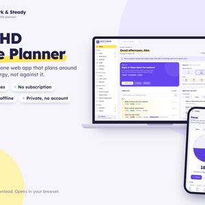 May include: A digital ADHD Life Planner web app displayed on a laptop and smartphone screen. The interface features purple and yellow accents, task lists, a focus timer, and text including Spark & Steady, 40 pages, and No subscription.