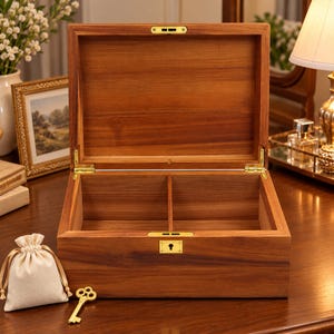 May include: A rectangular wooden box with a hinged lid, featuring a natural brown wood grain finish, gold-tone metal hinges, a central interior divider, and a gold-tone keyhole plate. A small beige drawstring pouch and a gold-tone key are included.