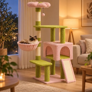 Árbol para gatos con forma de flor, torre para gatos rosa y verde con casita y postes de sisal.