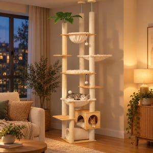 Puede incluir: Un árbol para gatos de suelo a techo con múltiples plataformas alfombradas en beige, dos hamacas de tela, una caseta de madera y postes rascadores envueltos en sisal. Un gato descansa en una hamaca y otro está dentro de la caseta.