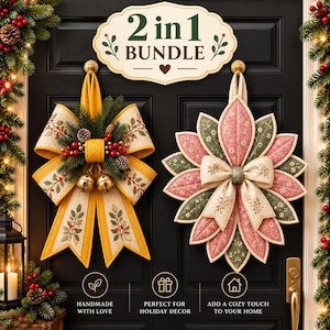May include: A 2 in 1 bundle of two hanging door decorations. One is a yellow fabric bow with pine branches, pinecones, red berries, and two gold bells. The other is a floral fabric flower ornament with pink and green petals and a central bow.