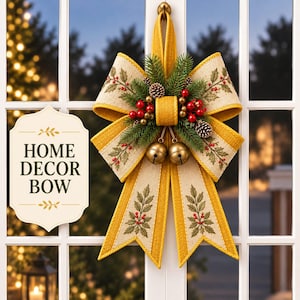 May include: A decorative bow featuring a beige fabric with a holly and berry print, bordered by mustard yellow ribbon. It is adorned with pine sprigs, pinecones, red berries, and two gold-toned jingle bells. A sign reads HOME DECOR BOW.