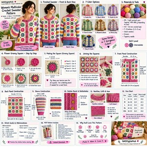 Multicolor Floral Crochet Cardigan Pattern | Button Front Granny Square Sweater (PDF)