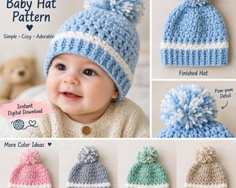 Puede incluir: Un patrón de ganchillo para gorro de bebé con diseño de rayas azul claro y blanco y un pompón grande. La imagen muestra el gorro terminado, el detalle del pompón y variaciones de color en rosa, gris, menta y beige con rayas blancas.