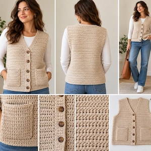 Women's Crochet Utility Vest Pattern, Easy Button-Front Cardigan (PDF Download)