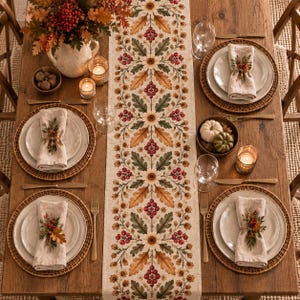 May include: A rectangular table runner featuring a repeating pattern of autumn leaves, red berries, and small flowers in shades of orange, brown, and green on a cream background, centered on a wooden dining table with place settings.