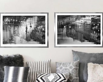 Abstract wall art Print set of 2 Very large wall art Black and White prints, Night city art Above bed wall decor 30x40 Diptych