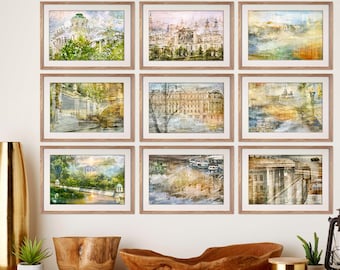Travel art City Print Set of 9 Large Wall art Gallery wall Set, Abstract cityscape artwork of St Petersburg Moscow 8x12 pictures 16x24