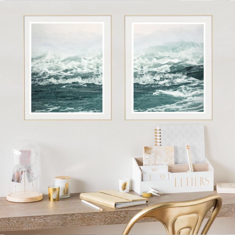 Ocean Wall Art Wave Print Set of 2 Beach Art Diptych Teal Etsy