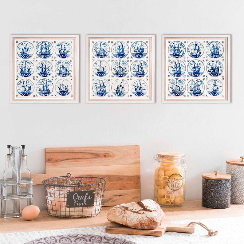 Set of 3 prints Dutch kitchen decor Blue dutch tiles Nautical Etsy