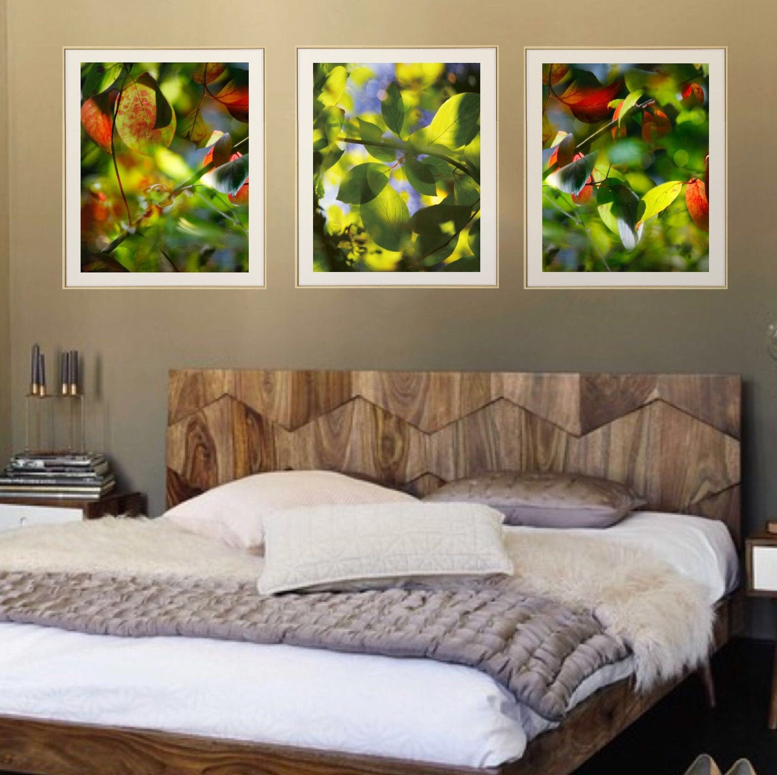 Botanical set of 3 piece wall art Green leaves Large art Etsy