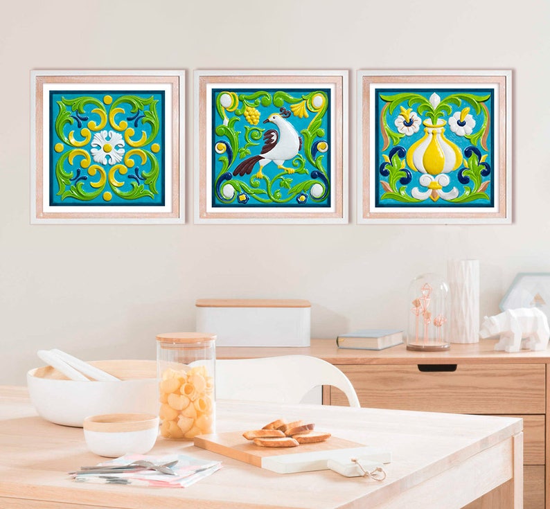 Tiles art Print set of 6 Folk art Kitchen decor 12x12 tile Etsy