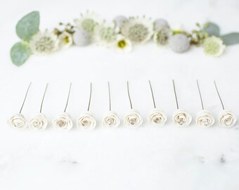 White rose, flower bridal hair pins / floral wedding headpiece for brides / handmade porcelain bridal accessories
