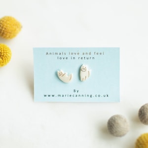 White and gold porcelain cute cat animal earrings / mismatched handmade ceramic studs