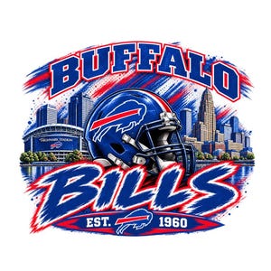 Puede incluir: Un diseño gráfico con el texto BUFFALO BILLS en azul y rojo, junto a un casco de fútbol americano azul con un logotipo de bisonte rojo. El fondo muestra el horizonte de una ciudad y un estadio, con el texto EST. 1960 y un pequeño icono de bisonte.
