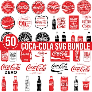 May include: A collection of 50 Coca-Cola SVG digital graphics featuring various red, white, and black logos, bottle silhouettes, and text designs including phrases like Classic Refreshment, Things Go Better With Coke, and Sip The Magic.