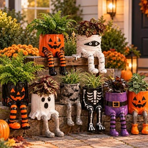 Halloween Sitting Legs Planter, Spooky Resin Succulent Pot, Ghost Pumpkin Mummy Skeleton Witch Bat Decor, Cute Gothic Indoor Plant Holder
