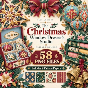 Puede incluir: Un paquete de imágenes prediseñadas digitales titulado The Christmas Window Dresser's Studio con 58 archivos PNG. La imagen muestra una caja de almacenamiento roja con cuatro adornos, un estante verde con rollos de papel, campanas doradas y cuatro patrones.