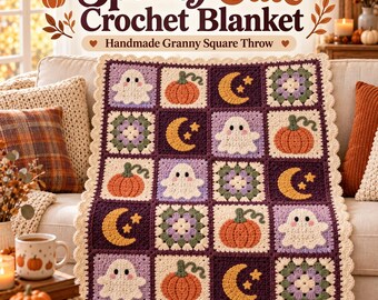 Könnte beinhalten: Eine handgefertigte Häkeldecke aus Granny Squares mit Motiven von weißen Geistern, orangefarbenen Kürbissen, gelben Mondsicheln mit Sternen sowie Blumenmustern in Lila, Grün und Creme. Die Decke hat einen cremefarbenen, gewellten Rand.