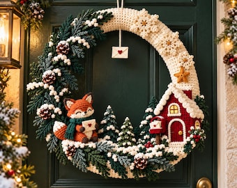May include: A circular crochet wreath featuring a fox wearing a green scarf and holding a white envelope, a red house with a mailbox, pine trees, pinecones, white snowflakes, and a small hanging envelope ornament with a red heart detail.