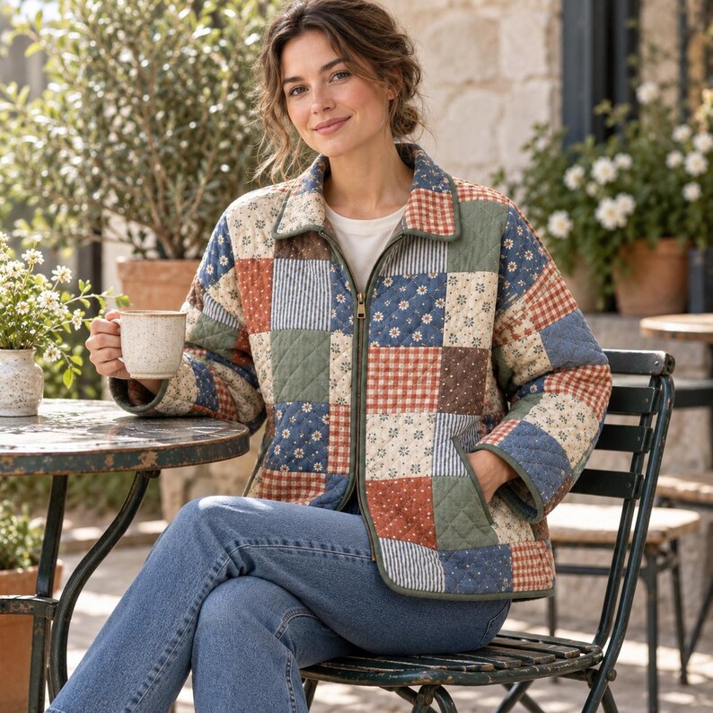 Woman sitting outdoors at a table wearing a handmade quilted patchwork jacket with long sleeves and front zip.⁠