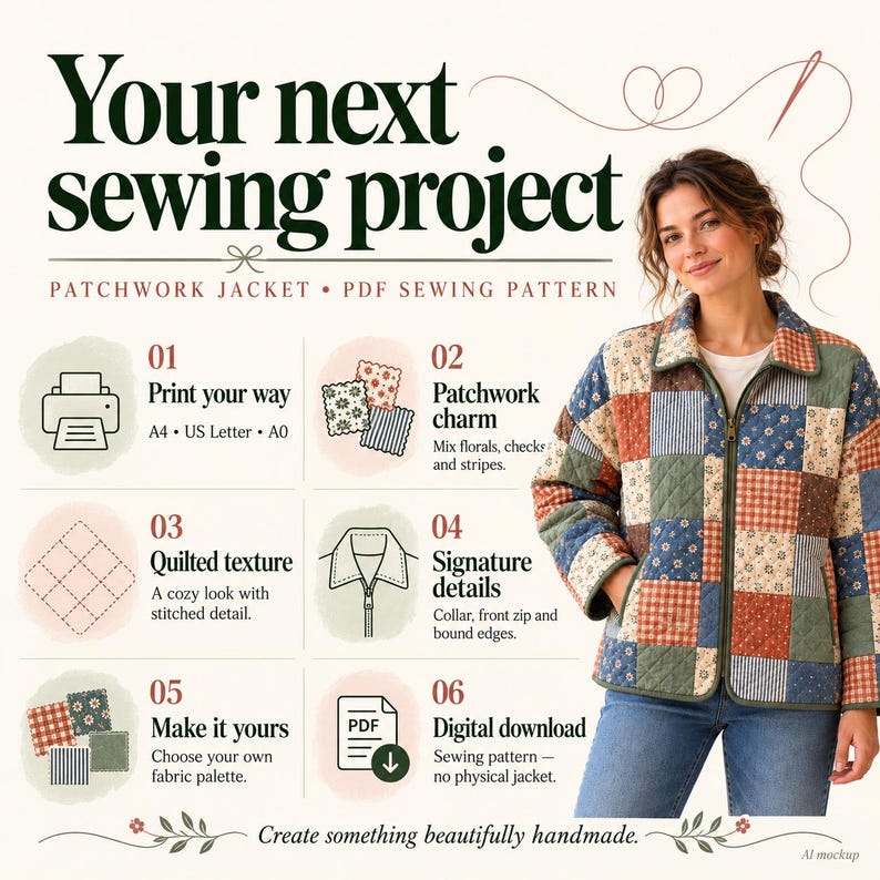 Op de afbeelding: Een patchwork jas met een doorgestikte textuur, kraag en ritssluiting aan de voorzijde. De afbeelding bevat de tekst: Your next sewing project, Patchwork Jacket, PDF Sewing Pattern, Print your way, Patchwork charm, Quilted texture, Signature details, Make it yours, Digital download.