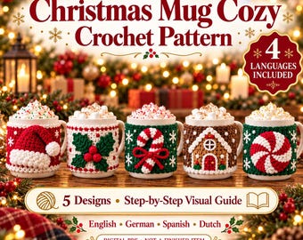 May include: A digital PDF crochet pattern for five Christmas mug cozies featuring designs of a Santa hat, holly berries, a candy cane, a gingerbread house, and a peppermint swirl. The text includes Threads Aura by Sadia and 4 languages included.
