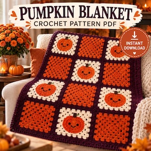 Haakpatroon voor een pompoen-oma-deken (PDF), Halloween-plaid, herfstdeken, patchworkdeken voor de herfst, direct te downloaden.