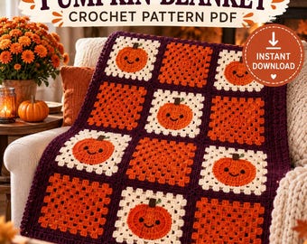 Könnte beinhalten: Eine Häkeldecke mit einem Gitter aus abwechselnden Quadraten. Einige Quadrate sind einfarbig orange, andere sind cremefarben mit einem zentralen orangefarbenen Kürbismotiv. Die Decke hat einen dunkelvioletten Rand und den Text PUMPKIN BLANKET.