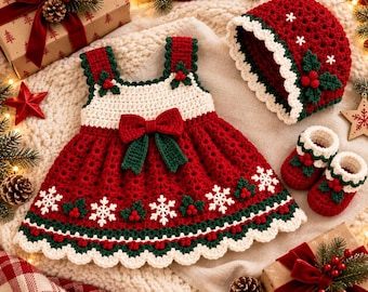 Könnte beinhalten: Ein rot-weißes Häkelkleid mit einer mittigen Schleife, einem weißen Oberteil und einem Rock, der mit weißen Schneeflocken- und grünen Stechpalmenmotiven verziert ist. Das Set enthält eine passende rote Häkelmütze und rot-weiße Babyschuhe.