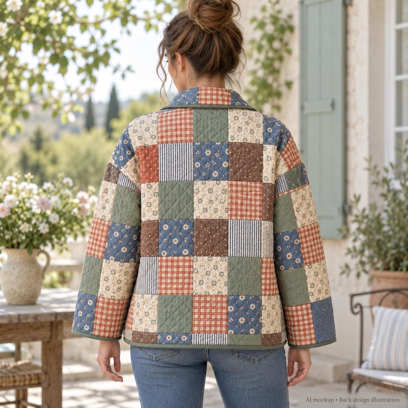 Back view of a women's quilted patchwork coat showing grid pattern floral squares and relaxed fit silhouette.⁠