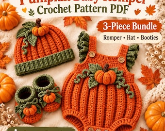 May include: A crochet pattern PDF for a 3-piece pumpkin baby romper set including a hat, romper, and booties. The items are orange with green accents, featuring small pumpkin motifs and leaves. Text includes Pumpkin Baby Romper, Crochet Pattern PDF, 3-Piece Bundle, Romper, Hat, Booties, and Instant Download.