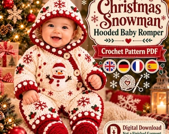 Könnte beinhalten: Ein cremefarbener, gehäkelter Baby-Strampler mit Kapuze, roten Schneeflockenmustern, rotem Saum und einer Schneemann-Applikation. Das Kleidungsstück hat Holzknöpfe und einen Bommel. Text: Christmas Snowman Hooded Baby Romper Crochet Pattern PDF.