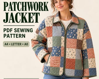 Könnte beinhalten: Eine gesteppte Patchwork-Jacke aus einer Mischung aus floralen, karierten und einfarbigen Stoffquadraten in Blau-, Rot- und Grüntönen. Der Text lautet: PATCHWORK JACKET, PDF SEWING PATTERN, A4 • LETTER • A0, DIGITAL DOWNLOAD ONLY.