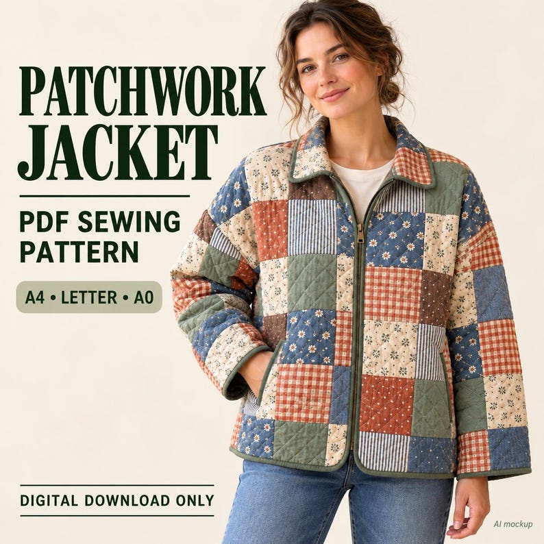 Quilted Patchwork Jacket sewing pattern PDF download cover showing a woman wearing a colorful floral square patchwork zip-up coat.⁠