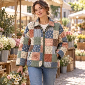 Front view of a handmade floral patchwork quilted jacket with side pockets shown in a garden setting.⁠