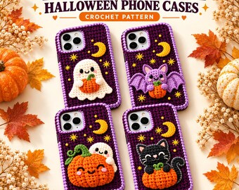Könnte beinhalten: Ein 4-in-1-Set mit Häkelanleitungen für Halloween-Handyhüllen, bestehend aus vier dunkelvioletten Hüllen mit hellvioletten Rändern. Die Motive zeigen einen weißen Geist, eine lila Fledermaus, einen großen orangefarbenen Kürbis und eine schwarze Katze.