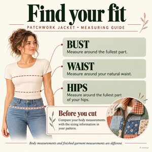 Op de afbeelding: Een maattabel voor een patchwork jas met de tekst Find your fit, Patchwork Jacket Measuring Guide, Bust, Waist, Hips en Before you cut. Het bevat instructies voor het meten van het breedste punt, de natuurlijke taille en de heupen.