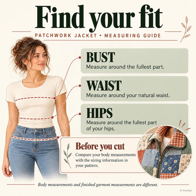 Op de afbeelding: Een maattabel voor een patchwork jas met de tekst Find your fit, Patchwork Jacket Measuring Guide, Bust, Waist, Hips en Before you cut. Het bevat instructies voor het meten van het breedste punt, de natuurlijke taille en de heupen.