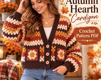 Könnte beinhalten: Eine Häkeljacke mit Granny-Square-Muster in Braun-, Orange-, Gelb- und Cremetönen. Das Kleidungsstück hat einen V-Ausschnitt, drei Holzknöpfe und zwei Vordertaschen. Der Text lautet: Autumn Hearth Cardigan Crochet Pattern PDF.
