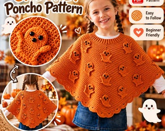 Könnte beinhalten: Eine digitale PDF-Häkelanleitung für einen kürbisorangen Poncho mit kleinen, erhabenen Geister-Applikationen mit schwarzen Knopfaugen. Der Poncho hat einen gerippten Halsausschnitt und einen gewellten Saum. Die Anleitung ist einfach und anfängerfreundlich.