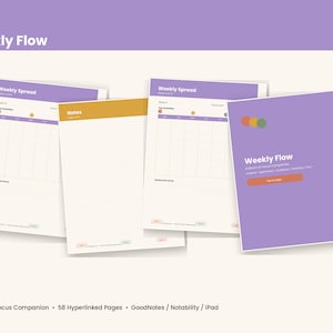 May include: A digital planner set titled Weekly Flow featuring a purple cover with three colored circles, two weekly spread pages with grids and top priorities, and one lined notes page with a mustard yellow header, all on a light background.