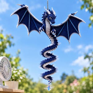 Crochet Dragon Wind Spinner Pattern PDF, Navy Blue Silver Spiral Amigurumi, Crystal Pendant Hanging Decor, Fantasy Ornament Download