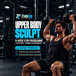 Può includere: Una guida fitness digitale intitolata TrainCue Upper Body Sculpt 6-Week Gym Programme. Il testo include dettagli: 4 giorni/settimana, principiante a intermedio, PDF, download istantaneo, link dimostrativi e alternative incluse.